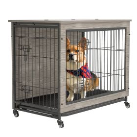 23.6"L x 20"W x 26"H Dog Crate Furniture with Cushion, Wooden Dog Crate Table, Double-Doors Dog Furniture, Dog Kennel Indoor for Small Dog, Dog House